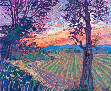 The Willamette Valley wine country is beautiful and colorful, full of winding roads, rolling hills, oaks and pine trees,  and of course lots of vineyards. This painting captures a scene I drive past every day on my way home from my studio.

"Cultivated Light" is an original oil painting on stretched canvas. The piece arrives framed in a 23kt gold floater frame, ready to hang.

<b>Please note:</b> This painting will be hanging in a museum exhibition until November 5th, 2023. This piece is included in the show <i><a href="https://www.erinhanson.com/Event/ErinHansonatBoneCreekMuseum">Erin Hanson: Color on the Vine</i></a> at the Bone Creek Museum of Agrarian Art in Nebraska. You may purchase the painting now, but you will not receive the painting until after the show ends in November 2023.