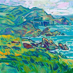 The California coastline between Carmel and Big Sur is some of the most beautiful of California's craggy coast. In this painting you can faintly see Bixby Bridge in the distance.

"Coastal Summer" is an original oil painting in Erin's signature Open Impressionism style. The piece arrives framed in a black and gold plein air frame, ready to hang.