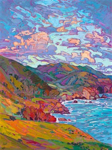 Bixby Bridge is a famous destination along Highway 1. This feat of engineering carries the road high up on spindly supports, far above the swirling ocean waters below. This painting captures the beautiful nature and color around Bixby Bridge.

This impressionistic oil painting was created on 1-1/2" canvas, with the edges of the piece painted as a continuation of the painting. The painting arrives framed in a champagne gold, hand-carved floater frame.