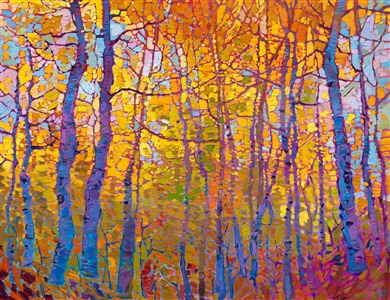 An exuberance of color dances on the canvas in celebration of the colors of autumn. The aspen trees glitter with hues of gold, the pale blue sky peeking out between the branches. The impressionistic brush strokes are thickly applied with a loose, painterly hand.

"Aspen Mosaic" was created on gallery-depth canvas, with the painting continued around the edges. The piece arrives framed in a contemporary gold floater frame finished in 23kt burnished gold leaf.