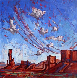 A dramatic Utah sky overlooks this abstract red rock landscape inspired by Monument Valley.