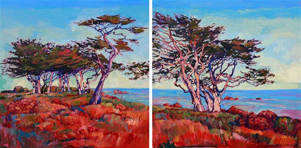 The wispy cypress trees in Monterey are eminently paintable, their pale bark reflecting the colorful atmosphere, the long branches lifting seemingly weightless tufts of green high into the air. These two paintings can be hung close together or separately across the room.
