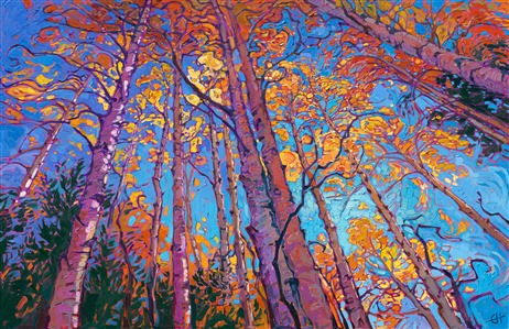 Standing beneath this grove of aspen trees, listening to the wind rushing through the coin-shaped leaves, watching the sunlight reflecting from the glittering leaves, it was impossible not to paint this scene. I wanted to capture here all the beauty and sense of freedom one feels hiking among the aspens in the fall.

"Coins of Light" was created on 1-1/2" canvas. The painting arrives framed in a contemporary gold floater frame.
