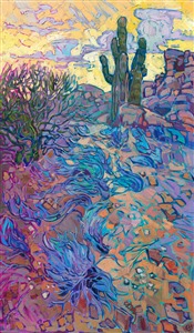 A pair of saguaro cacti stand atop a rocky hill, nestled between granite boulders. Purple-blue sagebrushes are captured in thick, expressive brush stroke, their pale branches a beautiful contrast against the golden desert sand. 

"Purple Sage" is an original oil painting on stretched canvas. The piece arrives framed in a contemporary gold floater frame, ready to hang.