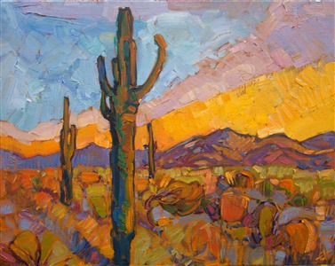 These magnificent desert plants dominate the desert landscape of Arizona's high desert.  This small oil painting on board captures the beauty of the Saguaro in just a few brush strokes.