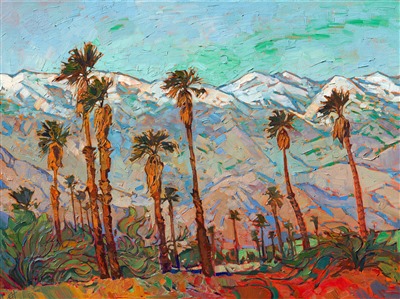 This painting captures a unique view of the iconic Palm Springs desert surrounded by snow-capped mountains. The California desert is not typically equated with snowy peaks but on rare occasions, the San Jacinto Mountains offer a rare and spectacular view for the desert lovers below. The colors of this piece are dynamic yet serene with the texture jumping right off the canvas. 

This painting was created on 1-1/2" canvas, with the painting continued around the edges.  The piece arrives framed in a gold floater frame, ready to hang.