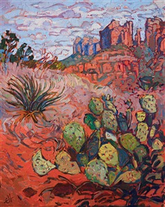 An Arizona prickly pear stands pertly on the top of a curving hill overlooking a distant butte, in Sedona. The red desert sand is a beautiful contrast to the desert plant life. The brush strokes in this painting are thick and impressionistic, capturing the motion and color of the outdoors.

This painting was created on linen board, and it arrives ready to hang in a custom-made frame.