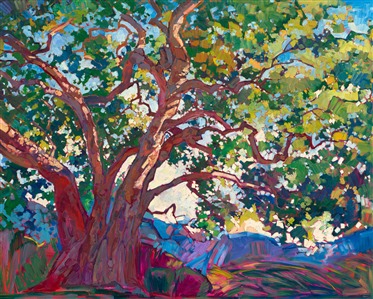 Winding branches of an ancient live oak tree catch the light, it's branches sparkling in hues of green. Thick, impressionistic brush strokes create a mosaic of color across the canvas.

Please note: This piece is included in the show <I>Erin Hanson: Color on the Vine </I>at the Bone Creek Museum of Agrarian Art in Nebraska. 2023.

"House Oak" was created on 1-1/2" canvas.