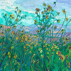 Wild sunflowers grow in exuberant, frolicking clusters along the roadside in southern Utah. These hardy flowers provide a beautiful pop of color to the desert landscape.

"Wild Sunflowers" is an original oil painting on stretched canvas, created in Hanson's signature Open Impressionism painting style of loose, expressive brush strokes, no overlapping brushwork, and a limited palette of only five colors.