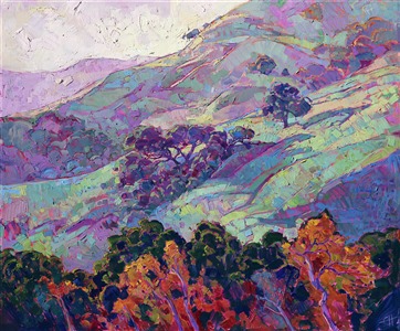 Driving from Cambria to Paso Robles on an early spring morning, watching the fog gradually lift from the dew-drenched hills, provided the inspiration for this painting. Soft purples and baby greens stretch into the distance, captured in bold brush strokes and vivid color.
