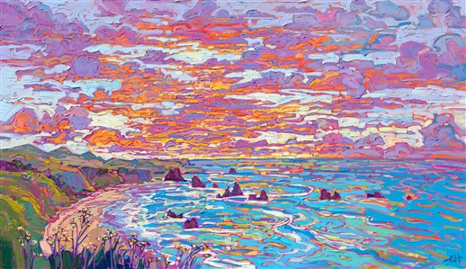 Ruby and tangerine clouds gilded with yellow highlights drift across the sky in this painting of California's coastline. The impasto brush strokes are thick and impressionistic, creating a mosaic of color and texture across the canvas.

"Tangerine Sky" was created on 1-1/2" deep canvas, with the painting continued around the edges. The pieces arrives framed in a contemporary gold floater frame.