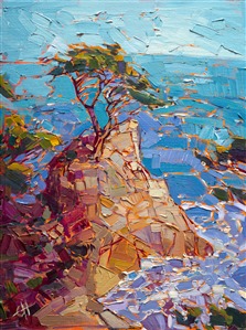Lone Cypress, the most famous viewpoint on Monterey's 17-mile drive, is captured in loose brush strokes and vivid color.  The contemporary impressionist style perfectly portrays the motion and light of the scene.  Each brush stroke seems to form a mosaic of light and texture across the canvas.

This painting was done on canvas board, and it has been framed in a classic gold frame.  The painting arrives ready to hang.