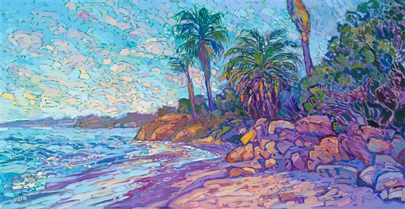 The Summerland coast near Santa Barbara and Montecito has summer-blue waters, white sand beaches, and iconic palm trees. The cream-colored boulders lining the coast reflect the colors of early dawn. This painting of Santa Barbara captures the delicate beauty of the landscape.