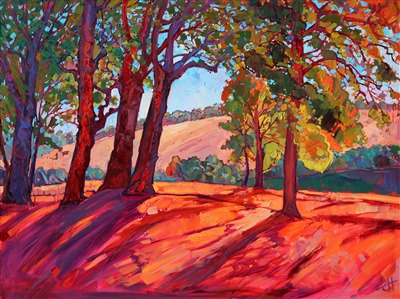 Long shadows in shades of purple set off the rich greens and golds of a summer landscape in Paso Robles, California. The brush strokes in this painting are thick, full of texture and movement, creating an unexpected burst of color.
