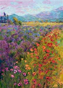Sequim, Washington, is awash in color in the summer, when the lavender fields are in bloom and the air is warm and scented.  I captured this image of multi-colored poppies while I was visiting Sequim to explore the lavender fields.  I loved how bright the poppies looked against the dark purple and blue of the lavender.

This painting was done on 1-1/2" canvas, with the painting continued around the edges.  The painting will be framed and arrives ready to hang.
