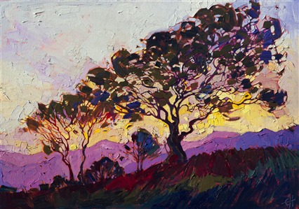 The yellow light of dawn filters through this eucalyptus, casting a mosaic of sparkling color across the landscape.  The distant mountains turn a rich purple-lavender in complement to the yellow light.  This modern impressionist painting comes alive with bold brush strokes and thickly applied paint.

This painting was created on museum-depth canvas, with the painting continued around the edges of the stretched canvas. It arrives ready to hang without a frame. (Please contact the artist if you would like information on framing options.)