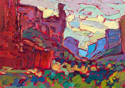 This small canvas captures the grand vista of Canyon de Chelly in Arizona with a few loose, expressive brush strokes. The saturated colors in this petite work create a medley of texture and movement within the piece.

"Canyon Reds" is an original oil painting on linen board. The piece arrives framed in a wide, custom frame designed to set off the colors in the piece.
