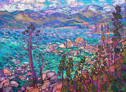Lake Tahoe is captured in alpine hues of turquoise and ultramarine blue. The clear waters are a beautiful contrast to the warm pink and yellow boulders that encircle the lake. Each brush stroke is placed with a vivacious, expressive sense of motion and joy.

"Alpine Blues" is an original oil painting on stretched canvas. The piece arrives framed in a contemporary gold floater frame, ready to hang.