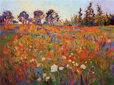 Colorful wildflowers bloom in the Northwest summer, white and purple against a rich green turf. Modern impressionism oil paintings by Erin Hanson bring landscapes to life in a new, fresh style.