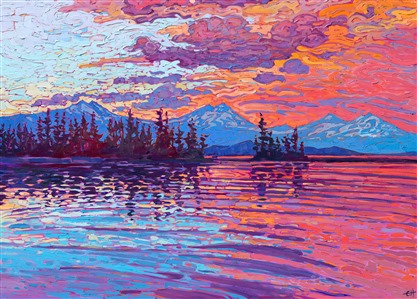 This fiery view of the Oregon Cascades captures the beauty of this magical destination. The warm sunset hues reflecting in the water makes you feel like you are there with the light surrounding you. The brush strokes in this painting are loose and impressionistic, alive with color and motion.

This painting was created on a 1-1/2" linen canvas, with the painting continued around the edges of the piece. The painting has been framed in a custom gold floater frame.
