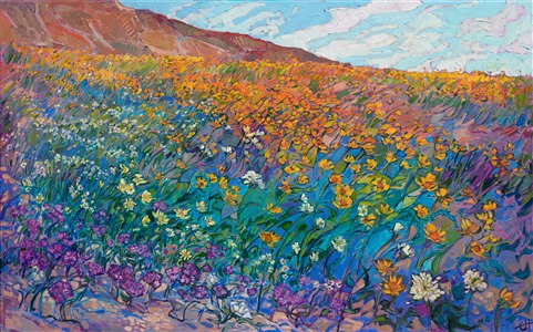 This vividly colorful and impressionistic oil painting captures the amazing super bloom we had in Borrego Springs a few years ago. Each brush stroke is energetic and alive, celebrating the beauty of the outdoors.

"Blooming Desert" was created on 1-1/2" canvas, with the painting continued around the edges. The piece has been framed in a custom-made, gold floater frame.