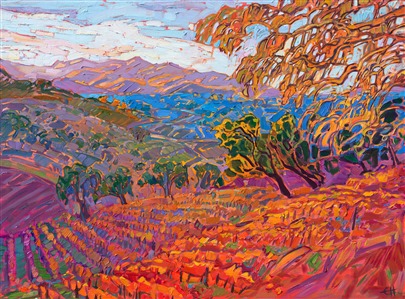 Golden hues of orange and red cover the rolling hills of Paso Robles in vibrant color. The vineyards create contoured texture over the hillsides. Each brush stroke is fresh and expressive, capturing the movement and transient light of the outdoors.

"Golden Light" was a demonstration painting Erin Hanson completed during her 10-year gallery anniversary at The Erin Hanson Gallery in McMinnville, Oregon. The piece arrives framed in a gold floater frame, ready to hang.

<b>Please note:</b> This painting will be hanging in a museum exhibition until November 5th, 2023. This piece is included in the show <i><a href="https://www.erinhanson.com/Event/ErinHansonatBoneCreekMuseum">Erin Hanson: Color on the Vine</i></a> at the Bone Creek Museum of Agrarian Art in Nebraska. You may purchase the painting now, but you will not receive the painting until after the show ends in November 2023.
