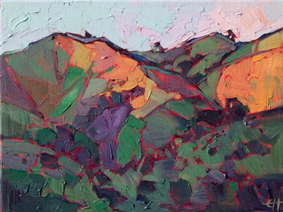 This petite painting of Carmel Valley, California, captures the vivid colors of sunset in a few luscious brush strokes. The impasto oil application and loose, impressionistic brush strokes create a sense of movement and life within the small canvas.  This small oil painting is the perfect way to start your art collection or add to your current colleciton of petites.

This painting was created on 1"-deep canvas, with the painting continued around the edges.  The painting has been been framed in a 23kt gold leaf floater frame.
