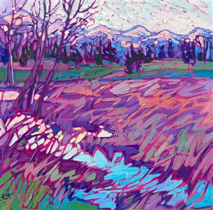 Distant snowcapped mountains frame the winter-purple grasses and low marshlands of Whitefish, Montana. The loose, expressive brush strokes add a sense a motion and rhythm to the painting.

"Montana Grass" is an original oil painting on linen board. The piece arrives framed in a black and gold plein air frame.