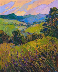 This painting was inspired by a hillside near Paso Robles that was covered in purple lupin wildflowers.  The warm afternoon light glints off the rounded oak trees and makes the sky glow with color.  I use thick, textural brush strokes to evoke a sense of movement within the painting.