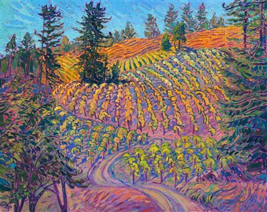 Driving the curving roads into Elk (just south of Mendocino), I came suddenly upon this vineyard in full autumn glory -- pumpkin oranges and sunflower yellows. I love it when vineyards are planted so that the rows of vines seem to overlap and form contrasting patterns in the hills. It brings me into the painting, letting my eye explore the contours of the sloping hillsides. This painting captures everything I love about painting California wine country.