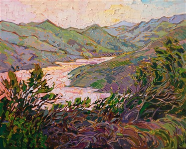 Delicate shades of dawn move over the open countryside between Paso Robles and Morro Bay. The still waters of Whale Rock Lake reflect the changing hues of the sky. The brush strokes are loose and impressionistic, alive with color and energy.

This petite painting was done on linen board, and it will be framed in a custom-made gold plein air frame.