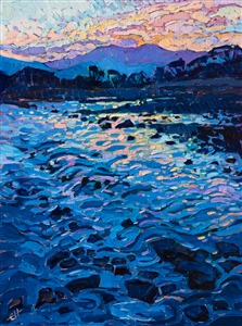 A wintery sunrise glitters across the moving waters of Arashiyama, Japan. The cool notes of blue and purple give way slowly to the warming light of dawn in this impressionistic oil painting.

This painting was created on linen board, and it arrives ready to hang in a custom-made frame.