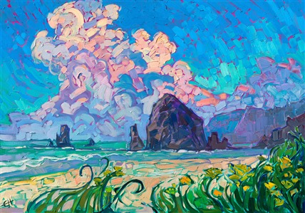 Cannon Beach is a popular coastal destination along the Oregon coast, home to the famous Haystack Rock. This painting captures Oregon's vibrant green and blue hues with thick, impasto paint and an impressionistic eye.

"Cannon Beach" is an original oil painting by Erin Hanson, created in her signature Open Impressionism style. The painting arrives framed in a contemporary gold floater frame, ready to hang.