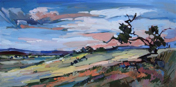 The soft colors in this painting capture the feel of the wide open desert of northern Arizona. The high desert pines are gnarled and stunted from the high winds and dramatic weather.