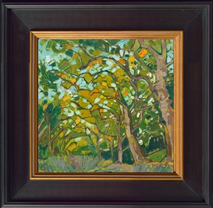 Green summer oaks overlap in a mosaic dance of color and light. Paso Robles is an endless inspiration for painting oak trees, rolling hills, and curving hills of vineyards.

"Oaks" is an original oil painting on canvas board. The piece arrives framed in a black and gold plein air frame.