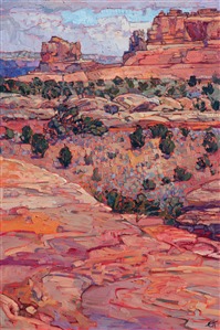 The Needles District of Canyonlands National Park is alive with color throughout the year.  In the summer the giant monsoon clouds roll through every day and dump rain across the desert floor.  The red earth becomes bedewed with green sprouts and richly toned plantlife. This painting captures the beauty of the Canyonlands with wide, thick brushstrokes and vivid colors.

This painting will be shown in the <a href="https://www.erinhanson.com/Event/redrock2018" target=_blank"><i>The Red Rock Show</i></a> at The Erin Hanson Gallery, June 16th, 2018.  <a href="https://www.erinhanson.com/Portfolio?col=The_Red_Rock_Show_2018" target="_blank"><u>Click here</u></a> to view the other Red Rock paintings.