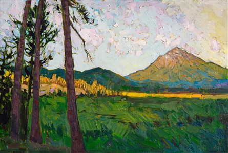 Bold contrasts and clean lines delineate this magnificent peak within the Cascade range.  In mid-summer, the landscape is lush with dark green foliage and open, grass-filled plains, the Cascade lakes nested between the volcanic peaks.

This painting was created on a gallery-depth canvas with the painting continued around the edges. The painting will arrive in a beautiful hardwood floater frame, ready to hang. 

Exhibited: St George Art Museum, Utah, in a solo exhibition celebrating the National Park's centennial: <i><a href="https://www.erinhanson.com/Event/ErinHansonMuseumShow2016" target="_blank">Erin Hanson's Painted Parks</a></i>, 2016.
