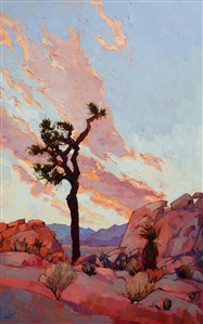 Joshua Tree National Park is most beautiful just before dawn, when the rounded granite boulders turn shades of lavender and pastel coral, getting ready to turn to fiery orange at the first ray of dawn. This painting captures that fleeting moment in time, just at the cusp of dawn.

This painting was done on 1-1/2" deep canvas, with the painting continued around the edges.  It can be hung framed or unframed.