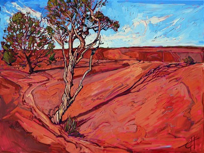 Long afternoon shadows stretch across the high sandstone cliffs of Canyon de Chelly, the red sandstone baking in the late sun. The spindly evergreens stretch and curl into the hot desert air. This oil painting captures the movement and feel of hiking the rim of Canyon de Chelly.