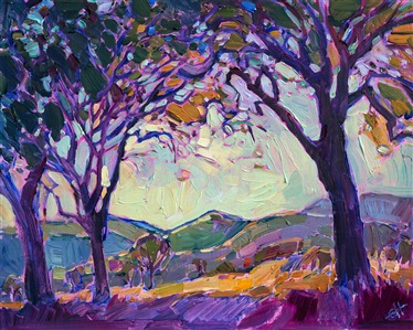 An overhanging arbor of violet oaks encompass an idyllic view of California's wine country.  The brush strokes in this painting are loose and impressionistic, alive with color and motion.

This painting was created on fine canvas board, and it arrives framed and ready to hang.