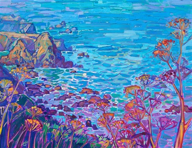 Rocky outcroppings shaped like haystacks dot the coastline of Mendocino. The northern California coast is famous for its colorful, rocky plateaus and boulders. The bright, aqua waters swirl with hues of turquoise and purple, a beautiful contrast to the summer hues of flowers.

The piece will be displayed at Erin Hanson's solo museum show <i><a href="https://www.erinhanson.com/Event/AlchemistofColor" target="_blank">Erin Hanson: Alchemist of Color</i></a> at the Channel Islands Maritime Museum in Oxnard, California. You may purchase this painting now, but the piece will not be delivered until after the show ends on December 28th, 2023.

"Mendocino Haystacks" is an original oil painting on stretched canvas. The piece arrives framed in a contemporary gold floating frame.