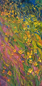 A movement of wildflowers peeks between the swaying grasses of spring, catching the light and dancing with color.  The impressionistic brush strokes are loose and lively, capturing the expression of nature.

This painting was done on 1-1/2" canvas, with the painting continued around the edges. The piece has been framed in a 23kt gold floater frame.