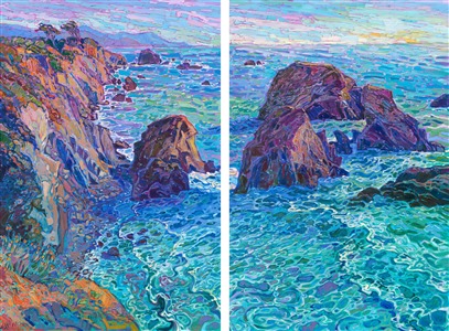 Mendocino waters glimmer in hues of turquoise and ultramarine blue. Thick brush strokes placed side by side capture the crystalline effect of light and shadow. This piece will be on display at Erin Hanson's solo museum show <i><a href="https://www.erinhanson.com/Event/AlchemistofColor" target="_blank">Erin Hanson: Alchemist of Color</i></a> at the Channel Islands Maritime Museum in Oxnard, California. 