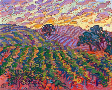 Waiting patiently for the sun to rise in Paso Robles, California, paid off with this stunning color display of oranges, purples, and pinks. The coastal fog faded away, and the sun rose over the idyllic wine country of central California. This painting captures the morning color with thick, impressionist brush strokes of oil paint.

"Green Vines" is an original oil painting by American impressionist Erin Hanson. The impasto oil paint, applied without layering from a pre-mixed palette, is a hallmark of her painting style, known as Open Impressionism.