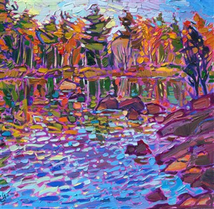 This oil painting of Eagle Lake in New England captures the beautiful reflections created in the fall. The still waters of the lake act as a perfect mirror, reflecting the trees and boulders all around.

"New England Water" is an original oil painting on linen board. The piece arrives framed as in a "mock floater" plein air frame. 
