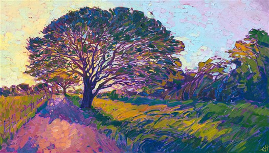 Long afternoon shadows stretch across the soft grasses of this rural landscape.  The atmosphere is warm and peaceful, vibrating with light and color.  The brush strokes are loose and impressionstic, creating a mosaic of texture across the canvas.

This work was done on 1-1/2" canvas, with the painting continued around the edges.  It has been framed in a carved gold floating frame, and it will arrive ready to hang.