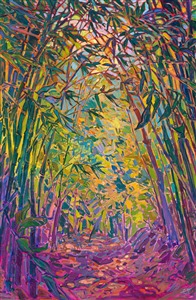 This oil painting captures a bamboo path in bold, impressionistic color. The painting seems to lead you into brighter depths of the painting, the crisscrossing bamboo leaves creating abstract shapes and mosaic patterns of color upon the canvas.