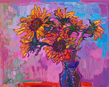 A petite canvas captures the beautiful and classic colors of the cultivated sunflower. The brush strokes are loose and expressive, alive with vivacity and color.