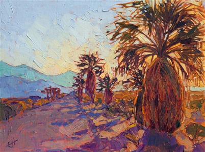 Borrego Springs, one of the most beautiful of California's deserts, is home to many shaggy palms that grow in abandon on the valley floor. This paintings captures the dramatic light of dawn shining through a group of young palms.

This painting was created on fine canvas board, and it arrives framed and ready to hang.