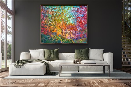 Inspired by the maple trees of Kyoto, Japan, this painting captures all the beauty of autumn with impressionistic color. You can feel the joy of autumn emanating from this painting. Maple trees are magnificent to paint, since their leaves range from pale green and golden yellow to cadmium red and rich purple, sometimes even on the same tree! 

"Impressions of Fall" is a large oil painting created on stretched canvas. The piece arrives framed in a 23kt gold leaf floater frame (the EH frame), ready to hang.